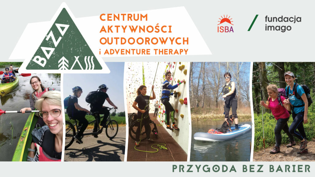 Logos basecamp, name - outdoor activity and adventure therapy center, adventure without barriers. Photos, four people kajaking, two people riding tandem bike, two people climbing, one person paddling SUP with a dog, two girls trekking. 