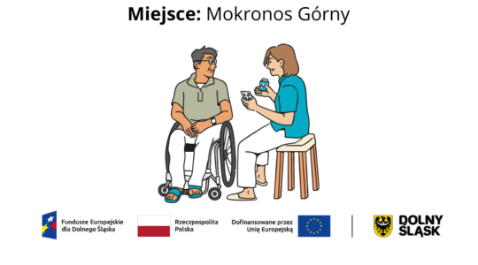 Grafika z obrazkiem przedstawiającym osobę na wózku dla os. z niepełnosprawnością i tekstem: "Dołącz do naszego zespołu opiekuńczego; miejsce: Mokronos Górny". Powyżej umieszczony jest logotyp Fundacji Imago, poniżej - logotypy projektowe: Fundusze Europejskie dla Dolnego Śląska, Rzeczpospolita Polska, Dofinansowane przez Unię Europejską, Dolny Śląsk.