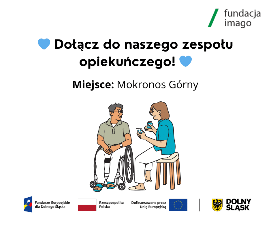 Grafika z obrazkiem przedstawiającym osobę na wózku dla os. z niepełnosprawnością i tekstem: "Dołącz do naszego zespołu opiekuńczego; miejsce: Mokronos Górny". Powyżej umieszczony jest logotyp Fundacji Imago, poniżej - logotypy projektowe: Fundusze Europejskie dla Dolnego Śląska, Rzeczpospolita Polska, Dofinansowane przez Unię Europejską, Dolny Śląsk.