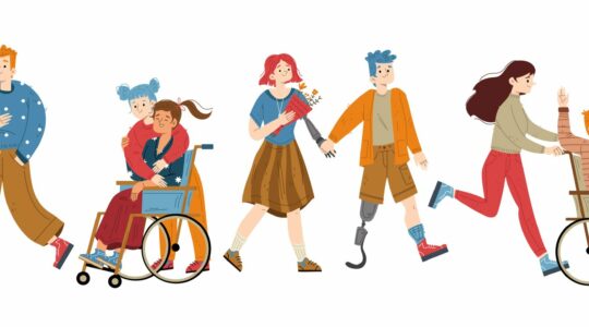 Grafika z rysunkiem osób z różnymi niepełnosprawnościami oraz bez niepełnosprawności.