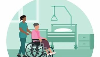 Grafika przedstawiająca kobietę na wózku dla osób z niepełnosprawnościami, wózek prowadzi kobieta w uniformie opiekuna. W tle łóżko rehabilitacyjne.