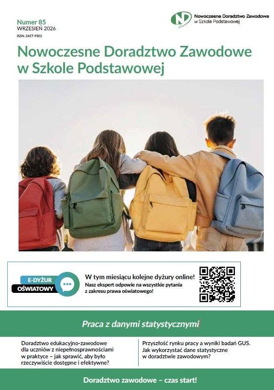 Okładka 85. numeru kwartalnika „Nowoczesne Doradztwo Zawodowe w Szkole Podstawowej” z września 2026 roku. W centralnej części znajduje się zdjęcie czworga uczniów idących razem z plecakami. Na dole okładki zapowiedziano temat numeru: „Praca z danymi statystycznymi”, dotyczący wykorzystania danych statystycznych w doradztwie zawodowym. Widoczny jest także baner „E-DYŻUR OŚWIATOWY” z kodem QR.