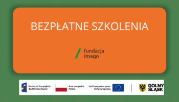 Grafika z napisem "bezpłatne szkolenia", z logotypem Fundacji Imago i logotypami projektowymi.