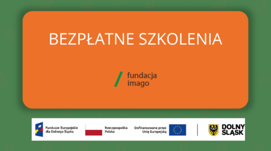 Grafika z napisem "bezpłatne szkolenia", z logotypem Fundacji Imago i logotypami projektowymi.
