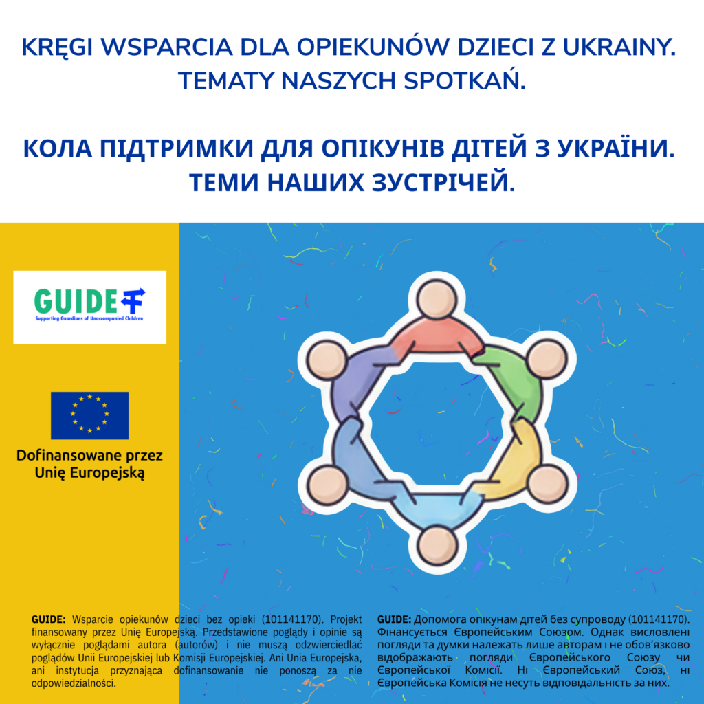 Grafika na żółto-niebieskim tle z obrazkiem osób siedzących w kręgu. Tytuł grafiki napisany jest w języku polskim i ukraińskim: "Kręgi wsparcia dla opiekunów dzieci z Ukrainy. Tematy naszych spotkań". Na grafice są również logotypy projektowe i informacje o finansowaniu projektu oraz o braku odpowiedzialności Unii Europejskiej i Komisji Europejskiej za opinie wyrażone w projekcie.