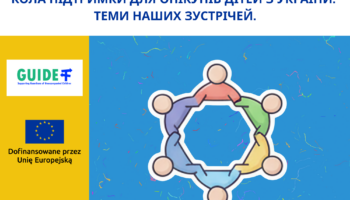 Grafika na żółto-niebieskim tle z obrazkiem osób siedzących w kręgu. Tytuł grafiki napisany jest w języku polskim i ukraińskim: "Kręgi wsparcia dla opiekunów dzieci z Ukrainy. Tematy naszych spotkań". Na grafice są również logotypy projektowe i informacje o finansowaniu projektu oraz o braku odpowiedzialności Unii Europejskiej i Komisji Europejskiej za opinie wyrażone w projekcie.