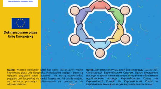 Grafika na żółto-niebieskim tle z obrazkiem osób siedzących w kręgu. Tytuł grafiki napisany jest w języku polskim i ukraińskim: "Kręgi wsparcia dla opiekunów dzieci z Ukrainy. Tematy naszych spotkań". Na grafice są również logotypy projektowe i informacje o finansowaniu projektu oraz o braku odpowiedzialności Unii Europejskiej i Komisji Europejskiej za opinie wyrażone w projekcie.