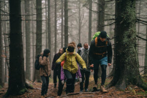 Na zdjęciu młode osoby z plecakami idą do góry leśną ścieżką.