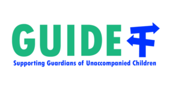 Logotyp "GUIDE" (czyt, "gajd") (saporting gardians of anakompanied czildren)