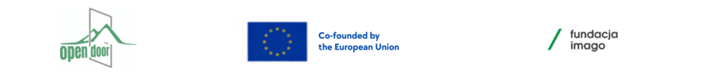 Logotypy projektowe: Projektu Ołpen door, Unii Europejskiej z informacją o dofinansowaniu, Fundacji Imago.