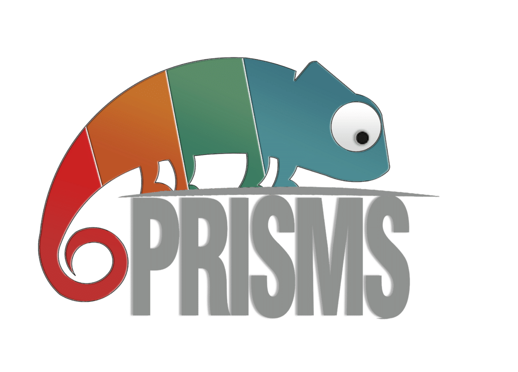 Logotyp: kameleon i napis "Prisms".
