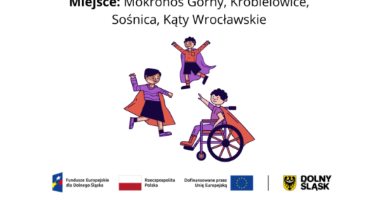 Grafika z napisem: Asystent/ka pilnie poszukiwany/a! Miejsce: Mokronos Górny, Krobielowice, Sośnica, Kąty Wrocławskie. Grafika, oprócz tekstów i rysunku zawiera logotypy projektowe oraz logotyp Fundacji Imago.