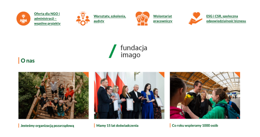 Grafika w kolorach zielono-pomarańczowym. U góry grafiki są cztery ikonki, pod nimi napisy: Oferta dla NGO i administracji – wspólne projekty; Warsztaty, szkolenia, audyty; Wolontariat pracowniczy; ESG i CSR, społeczna odpowiedzialność biznesu. Poniżej umieszczono logotyp Fundacji Imago. Pod napisem "O nas" są trzy zdjęcia związane z działaniami fundacji, przy nich informacje: Jesteśmy organizacją pozarządową; Mamy 15 lat doświadczenia; Co roku wspieramy 1000 osób.