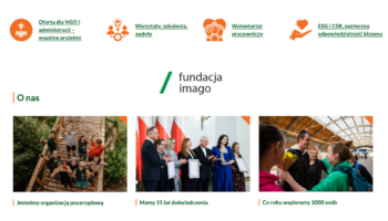 Grafika w kolorach zielono-pomarańczowym. U góry grafiki są cztery ikonki, pod nimi napisy: Oferta dla NGO i administracji – wspólne projekty; Warsztaty, szkolenia, audyty; Wolontariat pracowniczy; ESG i CSR, społeczna odpowiedzialność biznesu. Poniżej umieszczono logotyp Fundacji Imago. Pod napisem "O nas" są trzy zdjęcia związane z działaniami fundacji, przy nich informacje: Jesteśmy organizacją pozarządową; Mamy 15 lat doświadczenia; Co roku wspieramy 1000 osób.