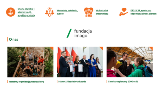 Grafika w kolorach zielono-pomarańczowym. U góry grafiki są cztery ikonki, pod nimi napisy: Oferta dla NGO i administracji – wspólne projekty; Warsztaty, szkolenia, audyty; Wolontariat pracowniczy; ESG i CSR, społeczna odpowiedzialność biznesu. Poniżej umieszczono logotyp Fundacji Imago. Pod napisem "O nas" są trzy zdjęcia związane z działaniami fundacji, przy nich informacje: Jesteśmy organizacją pozarządową; Mamy 15 lat doświadczenia; Co roku wspieramy 1000 osób.