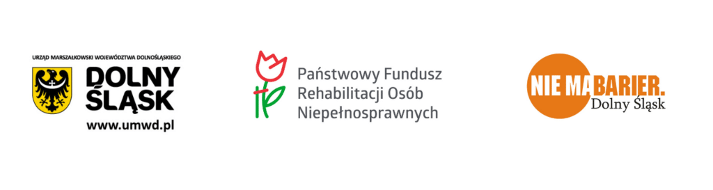 Logotypy projektowe: Urzędu Marszałkowskiego Województwa Dolnośląskiego, Państwowego Funduszu Rehabilitacji Osób Niepełnosprawnych oraz "Nie ma Barier Dolny Śląsk.