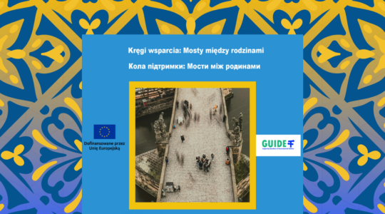 Grafika promująca projekt GUIDE. Na środku zdjęcie przedstawiające widok z lotu ptaka charakterystyczny kamienny most z rzeźbami, po którym spacerują ludzie. Most łączy brzegi rzeki, a scena symbolizuje połączenie i mosty między ludźmi. Zdjęcie otoczone jest żółtą ramką. Na górze grafiki widnieje hasło w języku polskim i ukraińskim: „Kręgi wsparcia: Mosty między rodzinami”. W lewym dolnym rogu znajduje się flaga Unii Europejskiej z informacją „Dofinansowane przez Unię Europejską”, a w prawym dolnym rogu – logo projektu GUIDE.