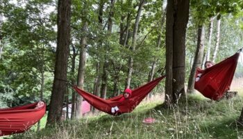 Zdjęcie wykonane w lesie, wśród zielonych drzew rozwieszone są trzy czerwone hamaki, w każdym odpoczywa uczestnik projektu ołpen dor.