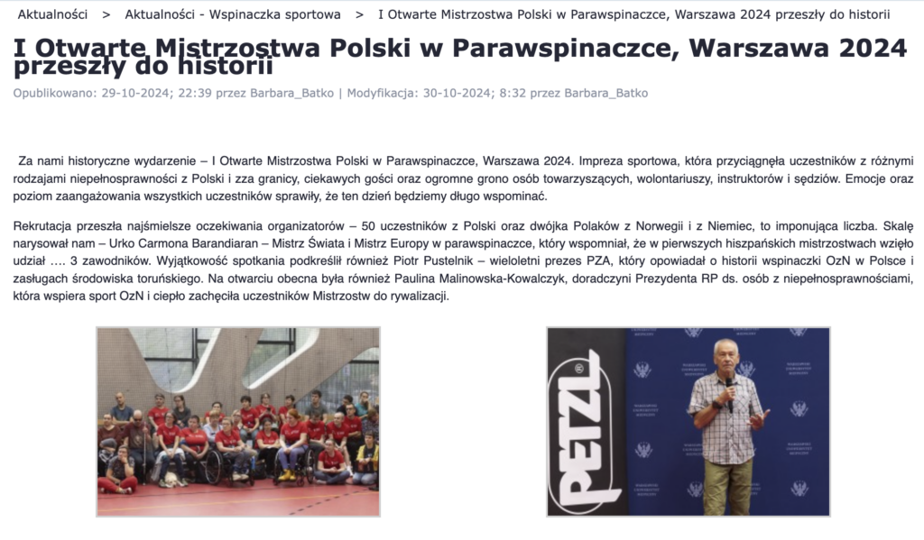 Skrinszot z artykułu opublikowanego na stronie internetowej z tytułem "I OTWARTE MISTRZOSTWA POLSKI W PARAWSPINACZCE, WARSZAWA 2024 PRZESZŁY DO HISTORII". Poniżej tekst i zdjęcia.