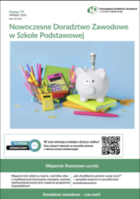 Okładka marcowego wydania magazynu "Nowoczesne Doradztwo Zawodowe w Szkole Podstawowej". Na okładce między innymi zdjęcie kolorowych przyborów szkolnych.