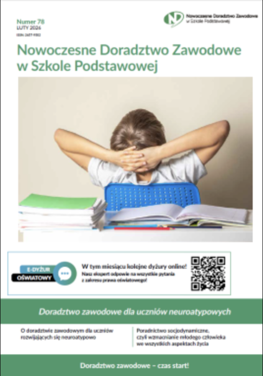 Okładka lutowego wydania magazynu "Nowoczesne Doradztwo Zawodowe w Szkole Podstawowej". Na okładce między innymi zdjęcie ucznia szkoły podstawowej w ławce szkolnej.