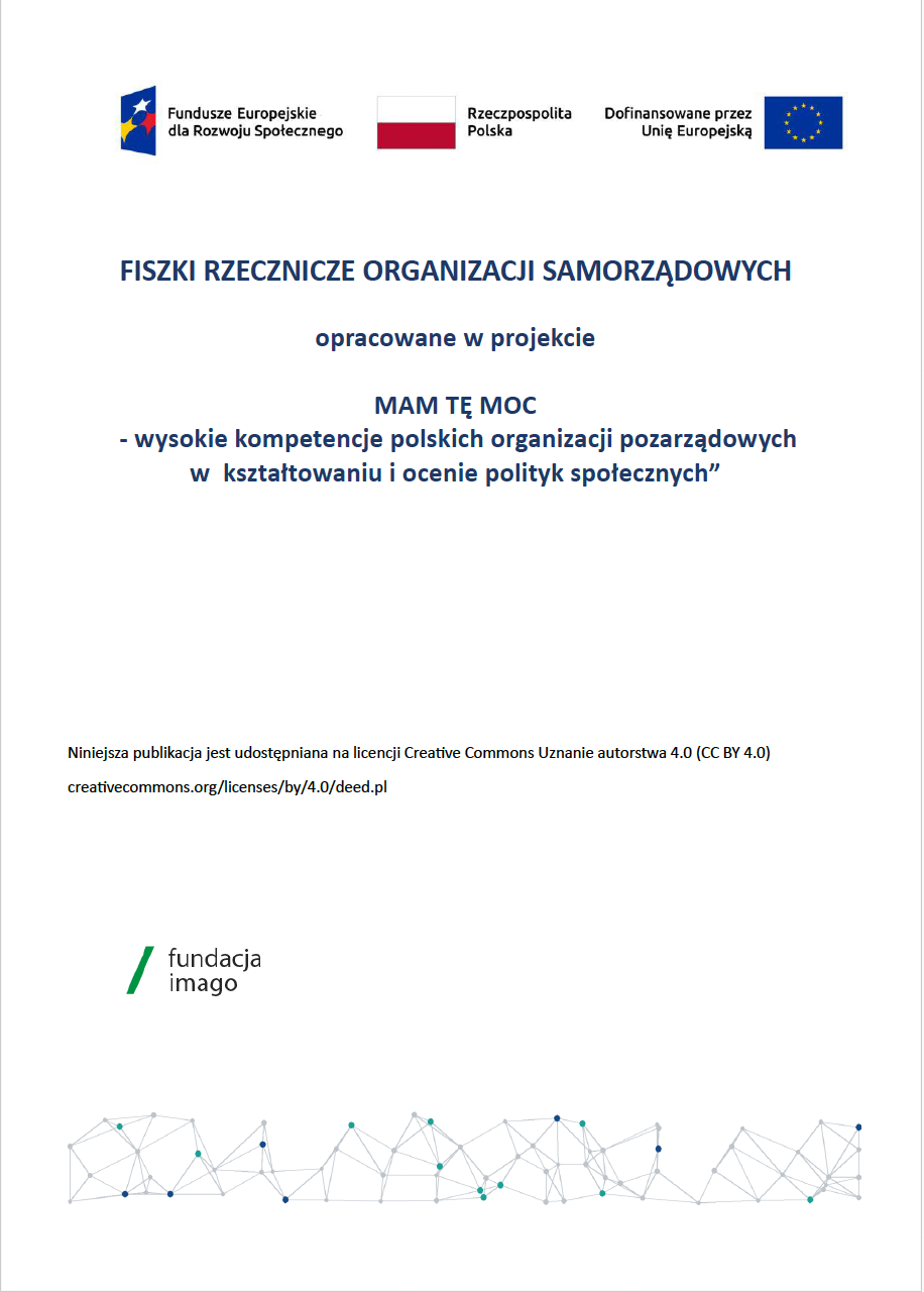 Okładka wydawnictwa z tytułem"FISZKI RZECZNICZE ORGANIZACJI SAMORZĄDOWYCH opracowane w projekcie MAM TĘ MOC - wysokie kompetencje polskich organizacji pozarządowych w kształtowaniu i ocenie polityk społecznych”. Powyżej tytułu - logotypy projektowe, poniżej logotyp Fundacji Imago i informacja o licencji.
