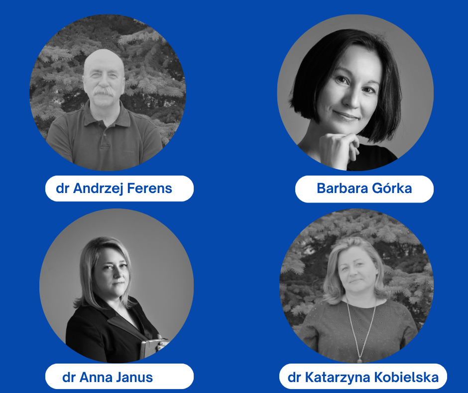 Grafika na granatowym tle ze zdjęciami dr. Andrzeja Fernasa, Barbary Górki, dr Anny Janus, dr Katarzyny Kobielskiej.