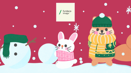 Kartka świąteczna z napisem "Wesołych Świąt i wszystkiego, co najlepsze w Nowym Roku życzy Fundacja Imago".