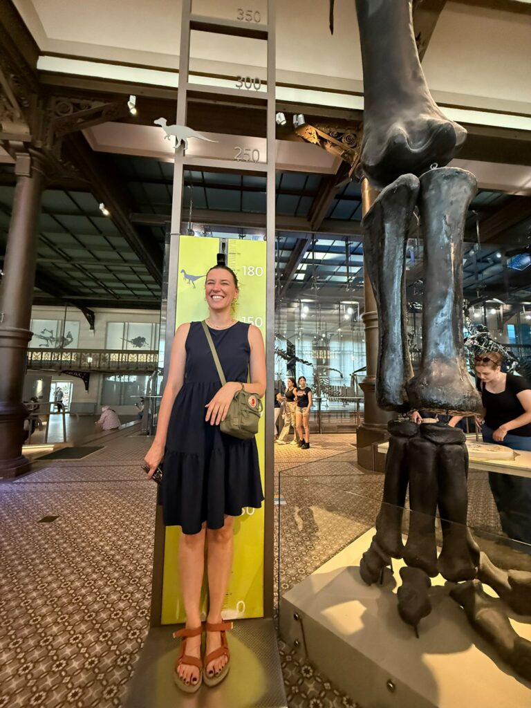 Martyna Rangno z Fundacji Imago, koordynatorka polskiej grupy projektu Points of konekszyn pozuje do zdjęcia w Muzeum Historii Naturalnej w Brukseli przy szkielecie dinozaura. Stoi przy miarce, która pokazuje jej wzrost, obok łapa dinozaura, co pokazuje rozmiar tych zwierząt.