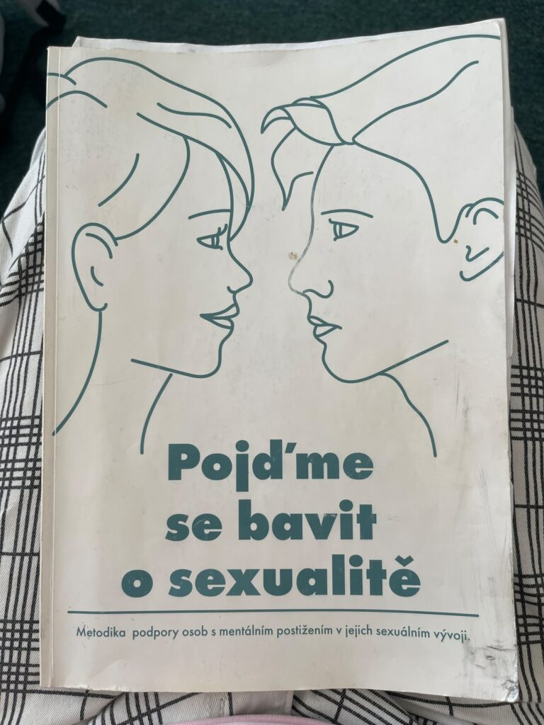 Okładka publikacji. W języku czeskim tytuł, który po polsku brzmi: porozmawiajmy o seksualności. Na okładce znajduje się minimalistyczna ilustracja dwóch osób zwróconych ku sobie. Pod tytułem widnieje informacja, też w języku czeskim: metodyka wspierania osób z niepełnosprawnością intelektualną w ich rozwoju seksualnym.