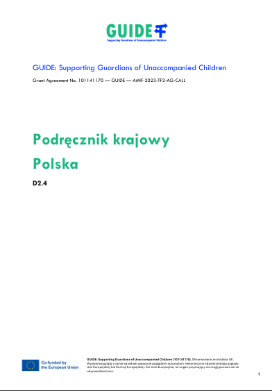Okładka wydawnictwa z tytułem "Podręcznik krajowy Polska". Na okładce są także logotypy projektowe, pełna nazwa projektu GAJD w języku angielskim oraz informacja o braku odpowiedzialności Unii Europejskiej i Komisji Europejskiej za projekt.