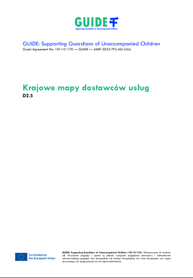 Okładka wydawnictwa z tytułem "Krajowe mapy dostawców usług". Na okładce są także logotypy projektowe, pełna nazwa projektu GAJD w języku angielskim oraz informacja o braku odpowiedzialności Unii Europejskiej i Komisji Europejskiej za projekt.