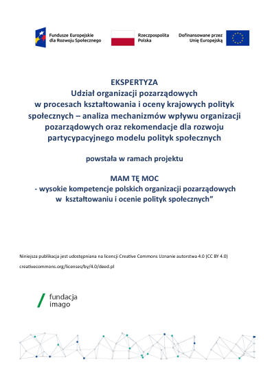 Okładka wydawnictwa Fundacji Imago z logotypami projektu "Mam Tę Moc" i Fundacji Imago oraz tekstami: "EKSPERTYZA Udział organizacji pozarządowych w procesach kształtowania i oceny krajowych polityk społecznych – analiza mechanizmów wpływu organizacji pozarządowych oraz rekomendacje dla rozwoju partycypacyjnego modelu polityk społecznych powstała w ramach projektu MAM TĘ MOC - wysokie kompetencje polskich organizacji pozarządowych w kształtowaniu i ocenie polityk społecznych” Niniejsza publikacja jest udostępniana na licencji Creative Commons Uznanie autorstwa 4.0 (CC BY 4.0) creativecommons.org/licenses/by/4.0/deed.pl".