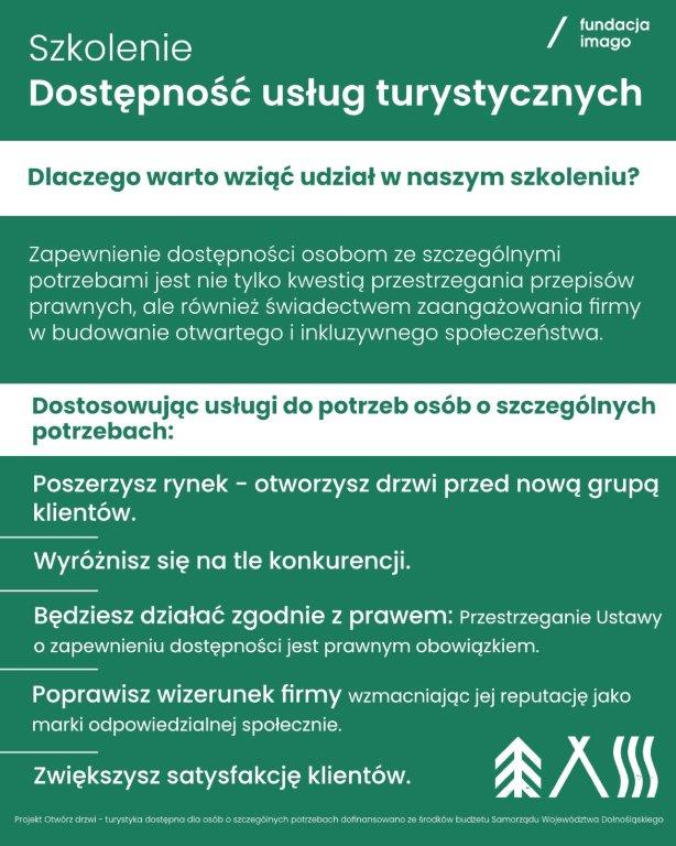 To grafika na zielonym tle, z logotypem Fundacji Imago u góry z białym tekstem.  Tekst: „Szkolenie Dostępność usług turystycznych. Dlaczego warto wziąć udział w naszym szkoleniu? Zapewnienie dostępności osobom ze szczególnymi potrzebami jest nie tylko kwestią przestrzegania przepisów prawnych, ale również świadectwem zaangażowania firmy w budowanie otwartego inkluzywnego społeczeństwa Dostosowując usługi do potrzeb osób o szczególnych potrzebach: Poszerzysz rynek otworzysz drzwi przed nową grupą klientów. Wyróżnisz się na tle konkurencji. Będziesz działać zgodnie z prawem: Przestrzeganie Ustawy o zapewnieniu dostępności jest prawnym obowiązkiem. Poprawisz wizerunek firmy wzmacniając jej reputację jako marki odpowiedzialnej społecznie. Zwiększysz satysfakcję klientów. Projekt Otwórz Drzwi - Turystyka Dostępna dla Osób o Szczególnych Potrzebach - dofinansowano ze środków budżetu Samorządu Województwa Dolnośląskiego.