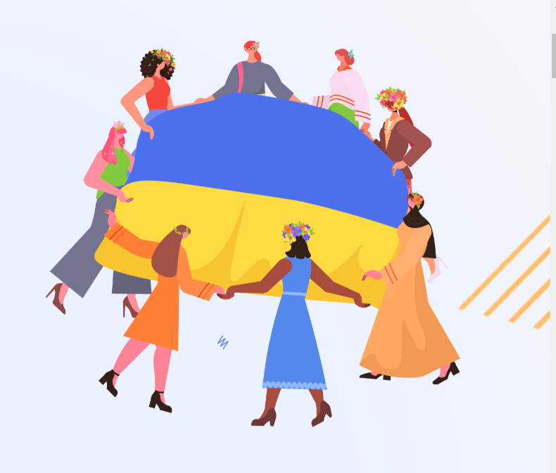 Grafika, na której 8 osób, głównie kobiet w kolorowych strojach stoi w kole wokół dużej flagi w narodowych barwach Ukrainy - niebieskim i żółtym.