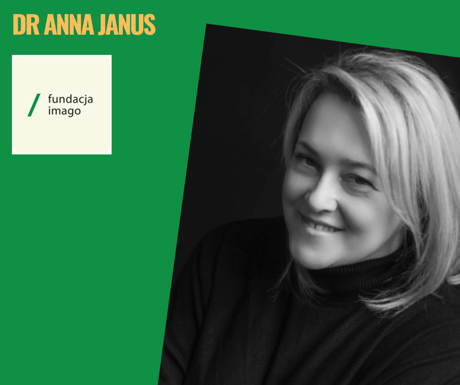 Grafika na zielonym tle z czarno-białym zdjęciem Ani Janus, z logotypem Fundacji Imago i z żółtym napisem "dr Anna Janus".