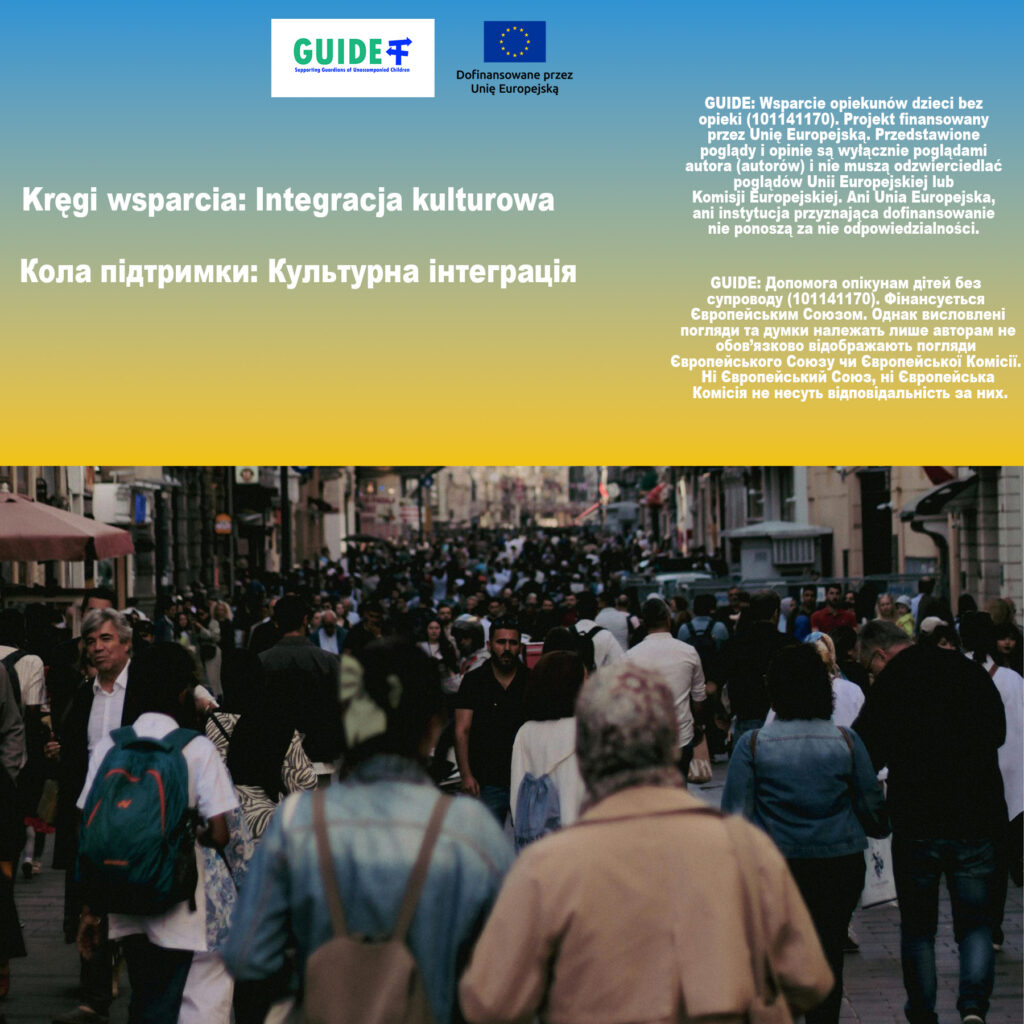 Grafika z logotypami projektu Gajd i Unii Europejskiej, z napisem: "Kręgi wsparcia: Integracja kulturowa" w języku polskim i ukraińskim. Na zdjęciu jest także zdjęcie dużej ulicy z tłumem ludzi.