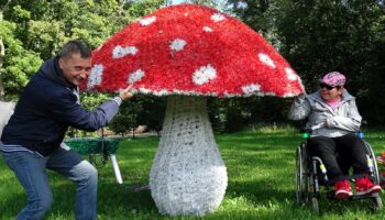 Dwie osoby pozują do zdjęcia obok dużej figury grzyba - muchomora. Jedna z nich jest na wózku dla osoby z niepełnosprawnością. Uśmiechają się.