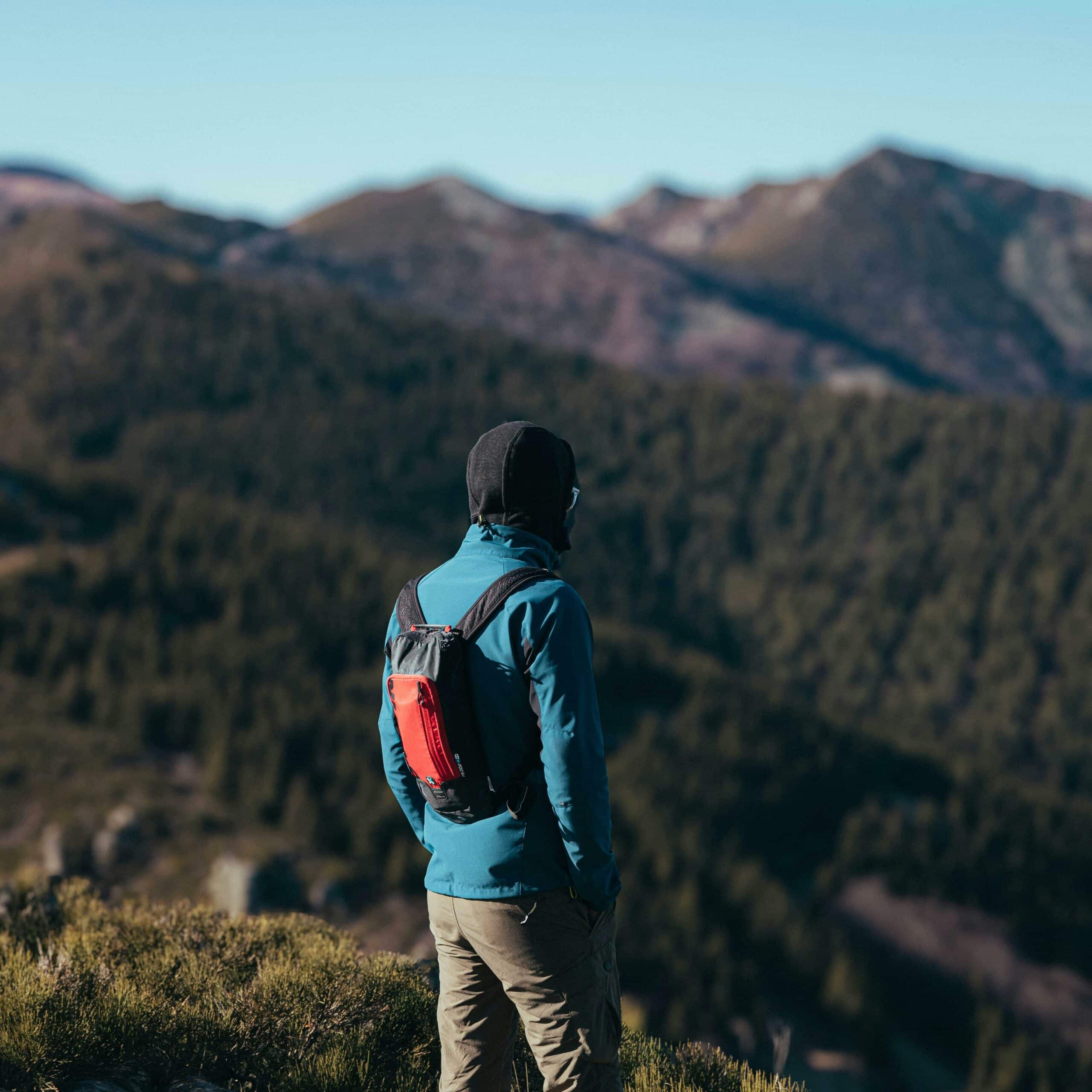 Mężczyzna w ubraniach trekkingowych na tle gór. Jest odwrócony plecami do zdjęcia.