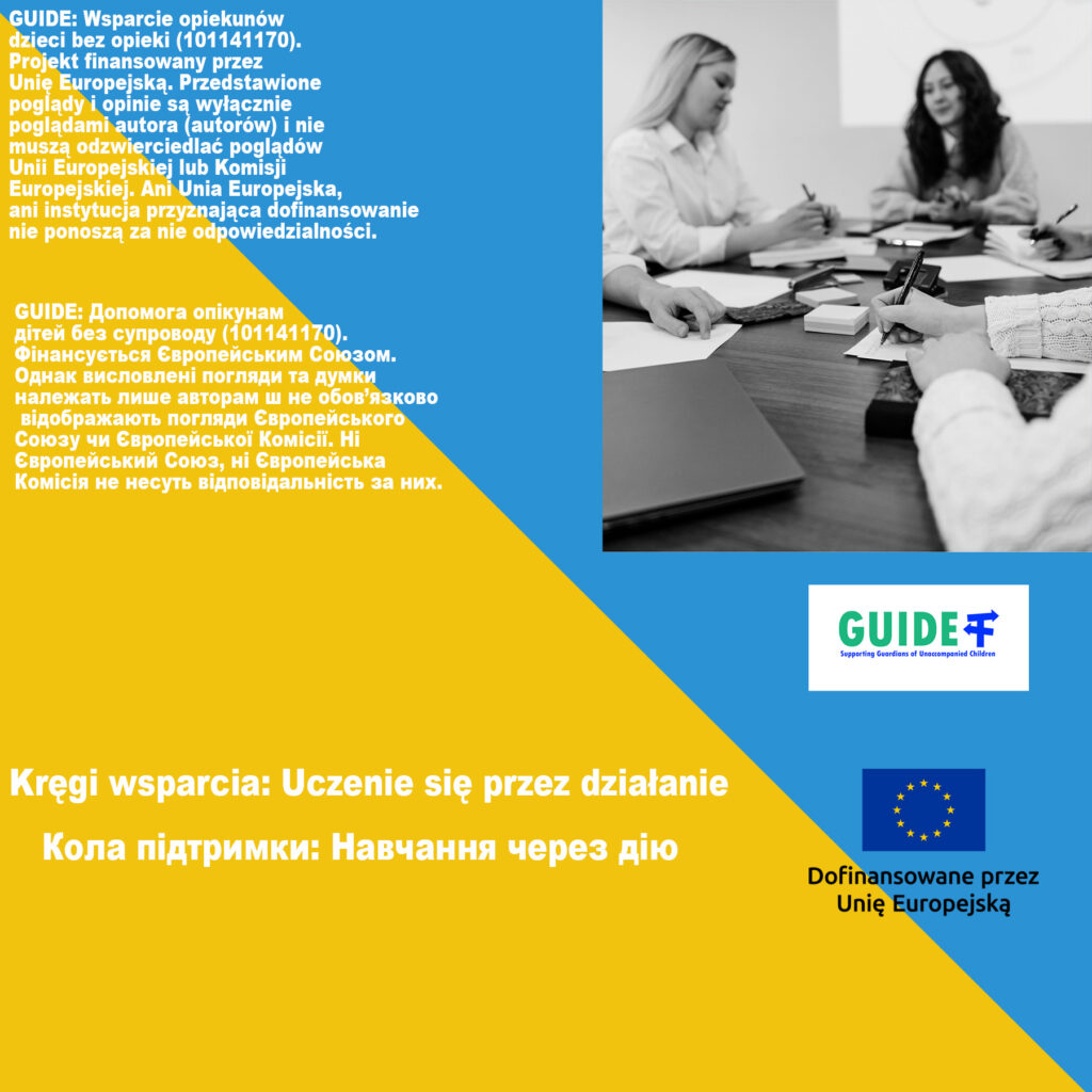 Grafika promująca projekt Gajd. Na środku zdjęcie przedstawiające grupę kobiet podczas spotkania przy stole konferencyjnym – jedna z nich pisze coś w notatniku, inna gestykuluje, a pozostałe słuchają. Scena sugeruje warsztat, szkolenie lub grupowe spotkanie edukacyjne w ramach wsparcia opiekunów.
Na górze i dole grafiki widnieje hasło w języku polskim i ukraińskim: „Kręgi wsparcia: Uczenie się przez działanie”. W prawym dolnym rogu znajdują się logotyp projektu GUIDE oraz flaga Unii Europejskiej z informacją „Dofinansowane przez Unię Europejską”. Na niebiesko-żółtym tle umieszczono szczegółowe informacje o projekcie w języku polskim i ukraińskim.