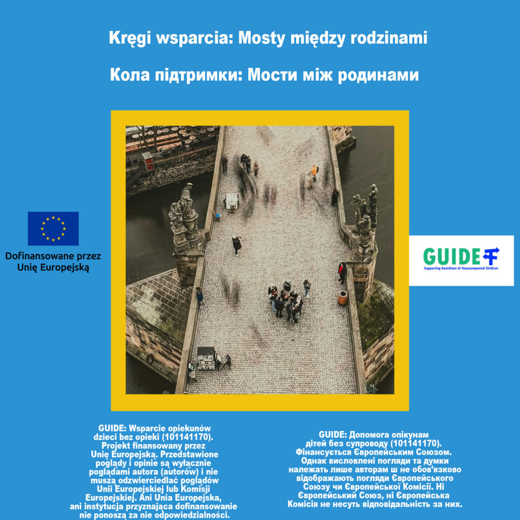 Grafika promująca projekt GUIDE. Na środku zdjęcie przedstawiające widok z lotu ptaka charakterystyczny kamienny most z rzeźbami, po którym spacerują ludzie. Most łączy brzegi rzeki, a scena symbolizuje połączenie i mosty między ludźmi. Zdjęcie otoczone jest żółtą ramką.
Na górze grafiki widnieje hasło w języku polskim i ukraińskim: „Kręgi wsparcia: Mosty między rodzinami”. W lewym dolnym rogu znajduje się flaga Unii Europejskiej z informacją „Dofinansowane przez Unię Europejską”, a w prawym dolnym rogu – logo projektu GUIDE. Na niebieskim tle umieszczono szczegółowe informacje o projekcie w języku polskim i ukraińskim.