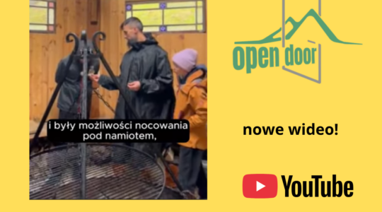 Grafika na żółtym tle z kadrem z wideo o projekcie Ołpen Dor, logotypem projektu, napisami "Światowy Dzień Świadomości Autyzmu" i "nowe wideo" oraz ikonką jutuba.